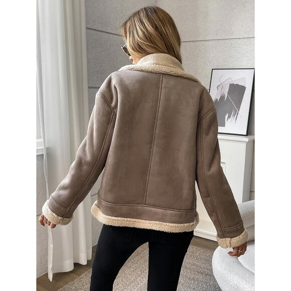 Women's Faux Leather Jacket Patchwork Fur Coat Moto Zipper Sherpa Shacket Brown - Picture 6 of 6